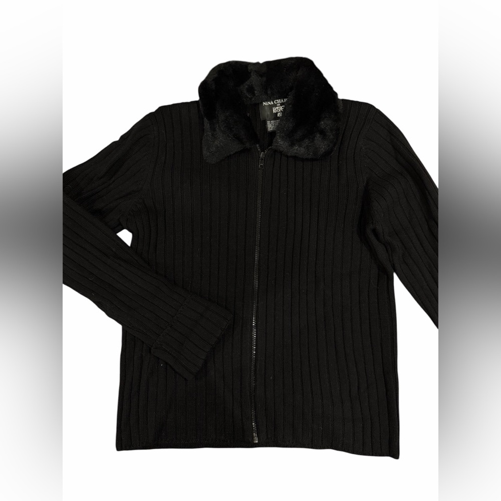 Nina Charles For Kasper Black Ribbed Zip Cardigan with Faux Fur Collar